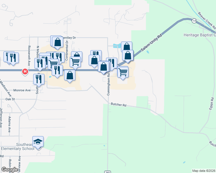 map of restaurants, bars, coffee shops, grocery stores, and more near 313 Cunningham Road in Salem