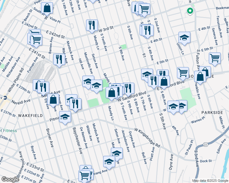 map of restaurants, bars, coffee shops, grocery stores, and more near 447 Mundy Lane in Mount Vernon