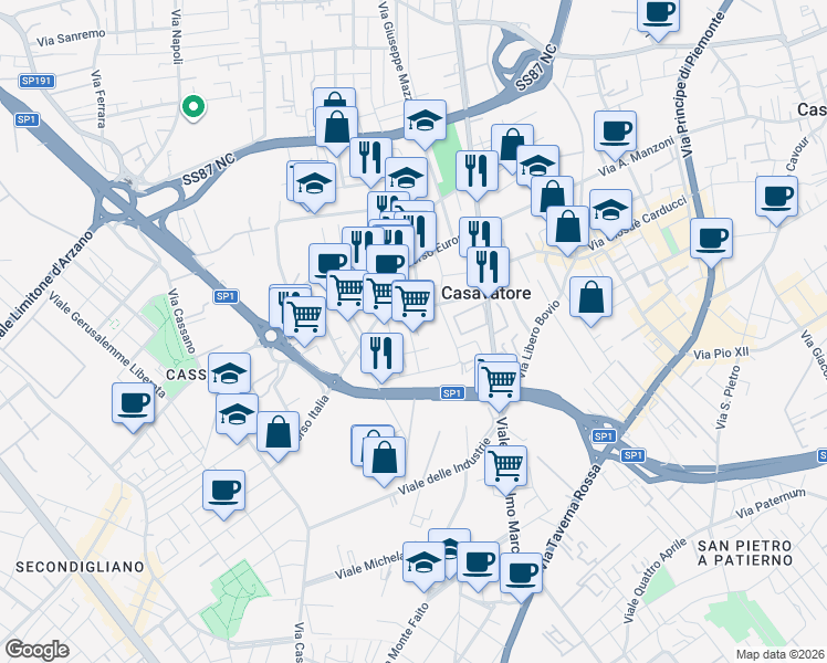 map of restaurants, bars, coffee shops, grocery stores, and more near 23 Via Rosa Salvator in Casavatore