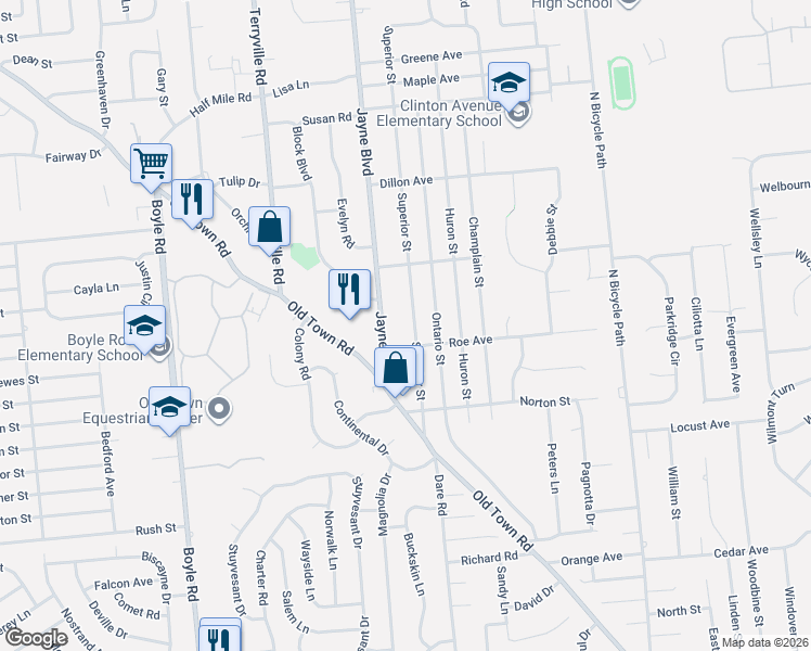 map of restaurants, bars, coffee shops, grocery stores, and more near 635 Jayne Boulevard in Port Jefferson Station