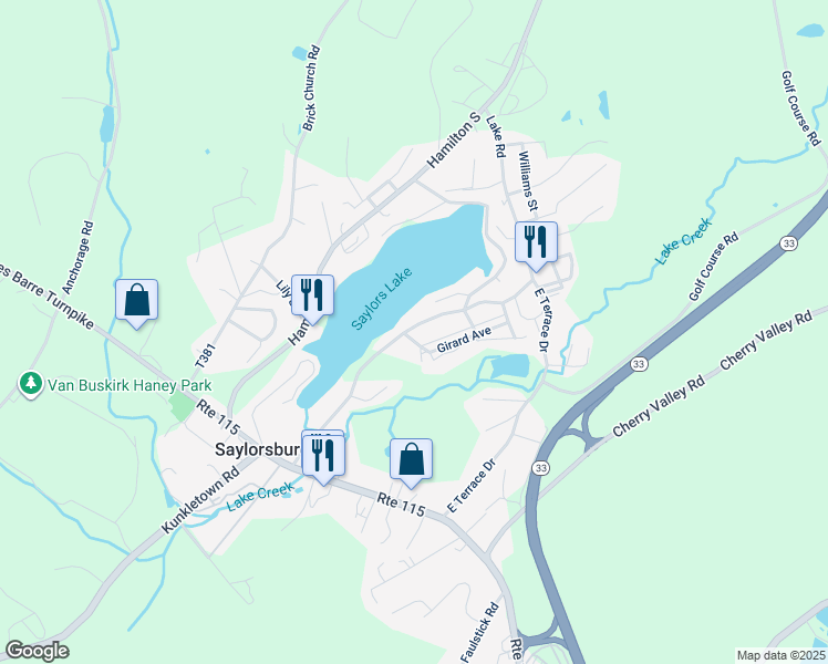 map of restaurants, bars, coffee shops, grocery stores, and more near 186 Lake Road in Saylorsburg