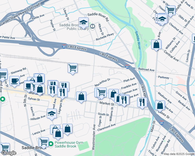 map of restaurants, bars, coffee shops, grocery stores, and more near 100 Mayhill Street in Saddle Brook