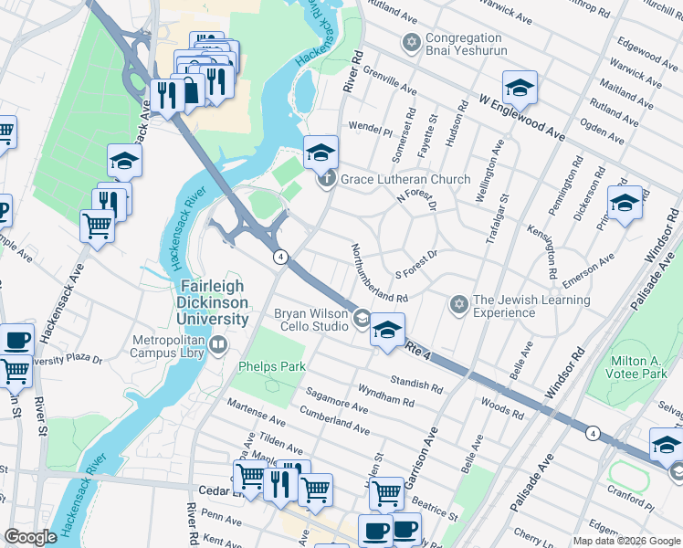 map of restaurants, bars, coffee shops, grocery stores, and more near 1100 Falmouth Avenue in Teaneck