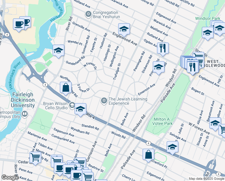 map of restaurants, bars, coffee shops, grocery stores, and more near 1177 Trafalgar Street in Teaneck