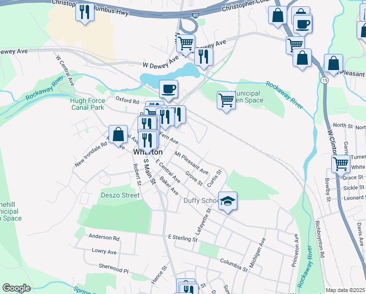 map of restaurants, bars, coffee shops, grocery stores, and more near 60 Fern Avenue in Wharton