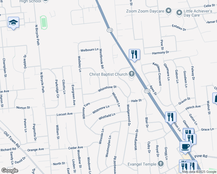 map of restaurants, bars, coffee shops, grocery stores, and more near Westbrook Road & Whinstone Street in Coram