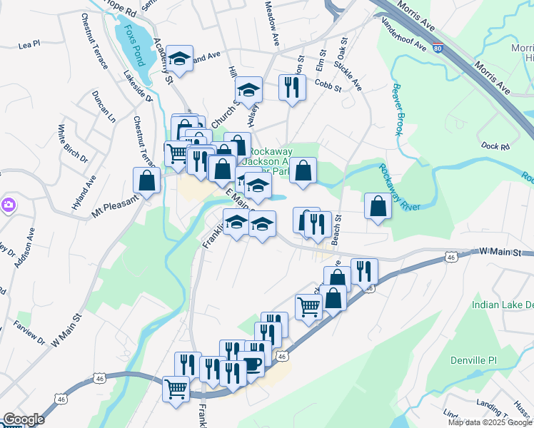 map of restaurants, bars, coffee shops, grocery stores, and more near 66 East Main Street in Rockaway