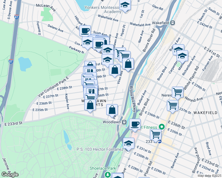 map of restaurants, bars, coffee shops, grocery stores, and more near 416 East 237th Street in The Bronx