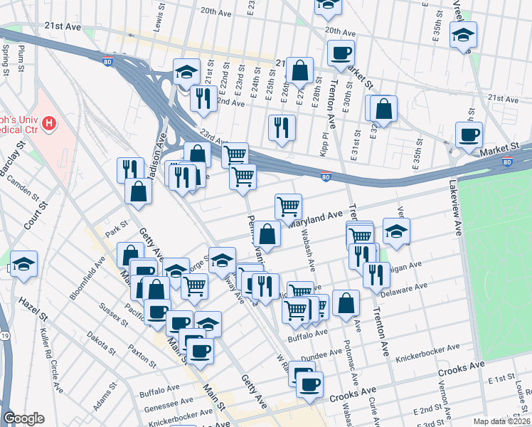 map of restaurants, bars, coffee shops, grocery stores, and more near 84 Alabama Avenue in Paterson