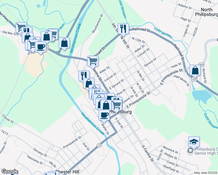 map of restaurants, bars, coffee shops, grocery stores, and more near 309 East Spruce Street in Philipsburg