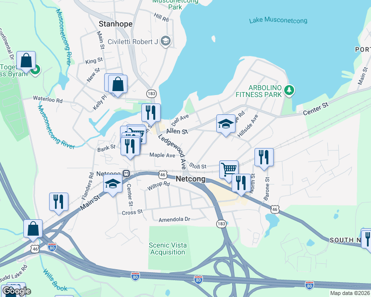 map of restaurants, bars, coffee shops, grocery stores, and more near 6 Allen Terrace in Netcong