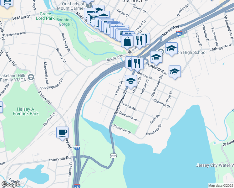 map of restaurants, bars, coffee shops, grocery stores, and more near 318 Lincoln Street in Boonton Township