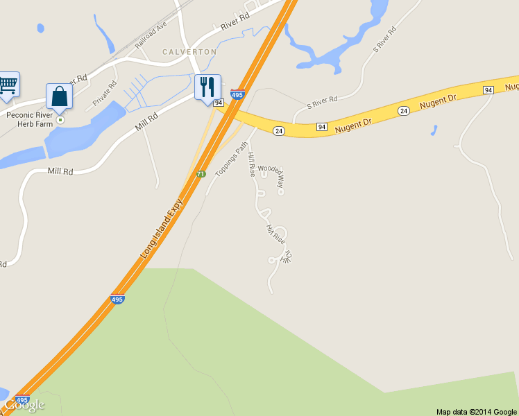 map of restaurants, bars, coffee shops, grocery stores, and more near 101 Hill Spur in Calverton
