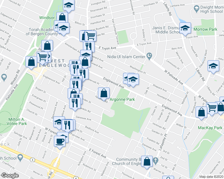 map of restaurants, bars, coffee shops, grocery stores, and more near 1432 Hubert Terrace in Teaneck