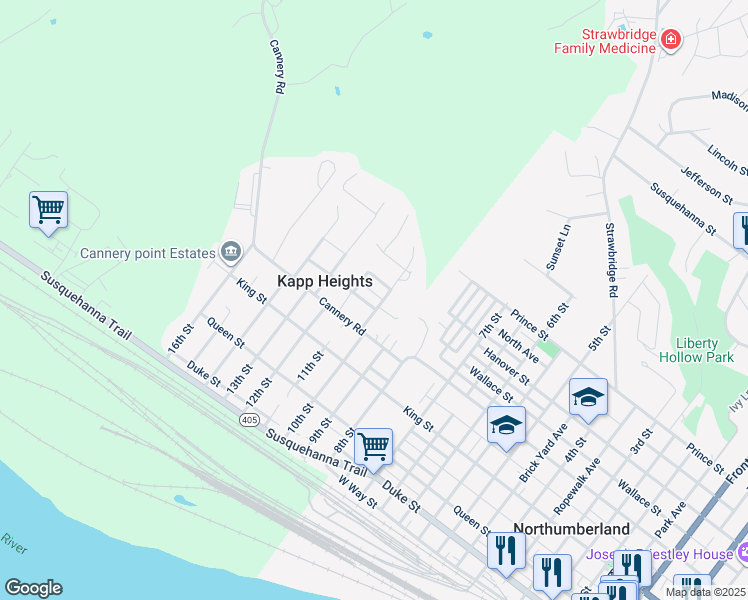map of restaurants, bars, coffee shops, grocery stores, and more near Franklin St in Northumberland
