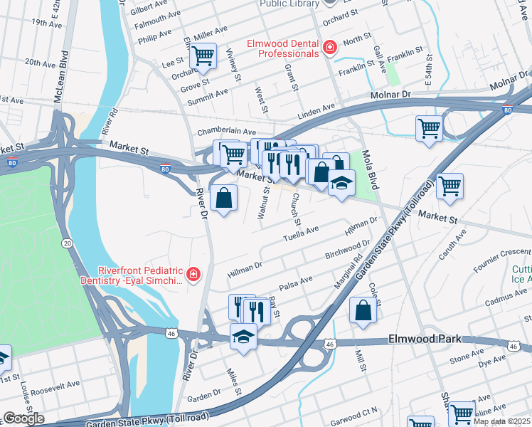 map of restaurants, bars, coffee shops, grocery stores, and more near 33 Walnut Street in Elmwood Park