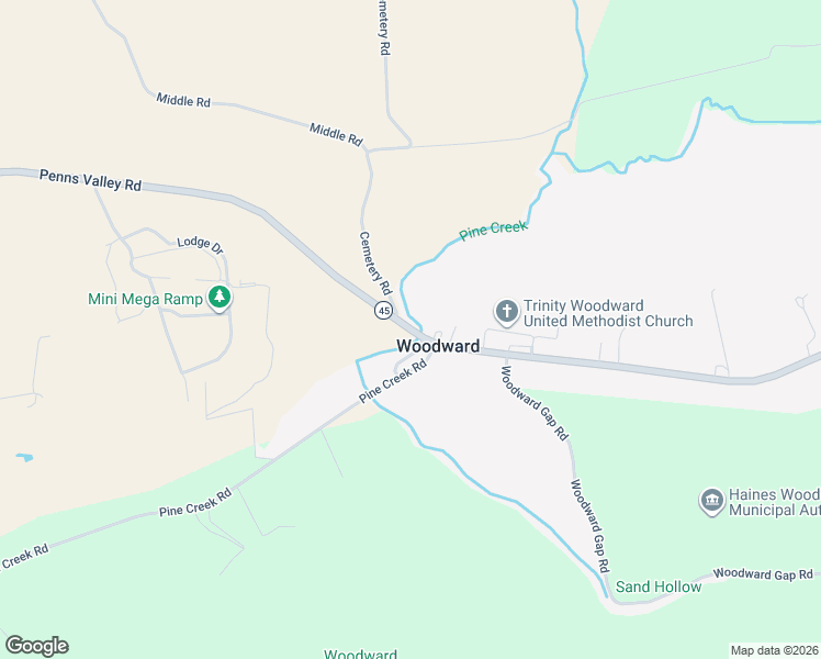 map of restaurants, bars, coffee shops, grocery stores, and more near Penns Valley Road in Woodward
