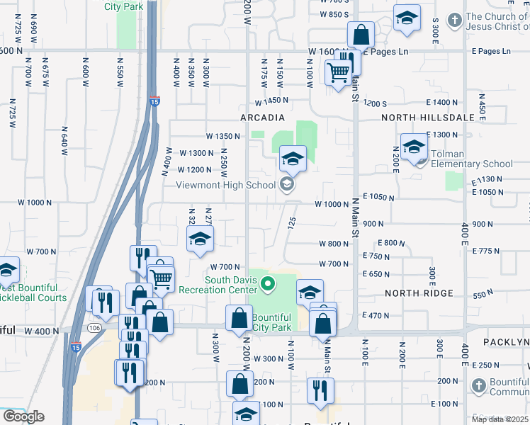 map of restaurants, bars, coffee shops, grocery stores, and more near 940 North 200 West in Bountiful