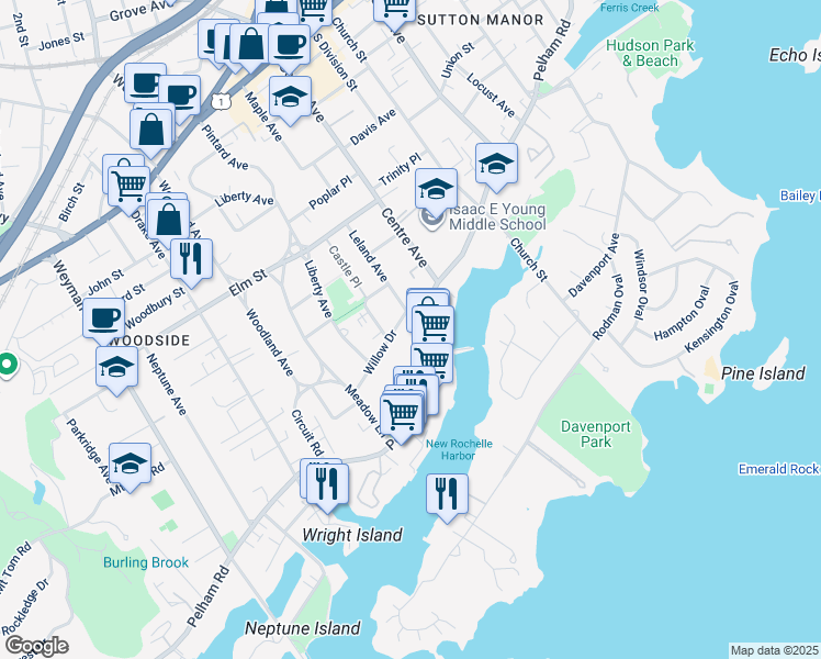 map of restaurants, bars, coffee shops, grocery stores, and more near 16 Willow Drive in New Rochelle