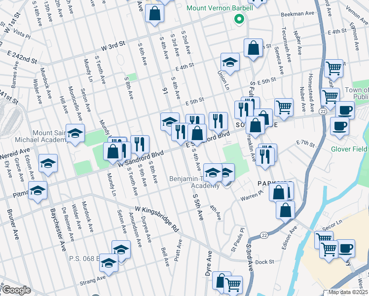 map of restaurants, bars, coffee shops, grocery stores, and more near 507 South 5th Avenue in Mount Vernon