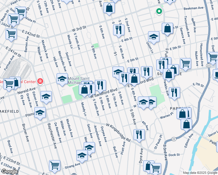map of restaurants, bars, coffee shops, grocery stores, and more near 461 South 8th Avenue in Mount Vernon