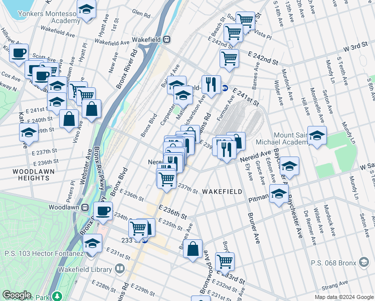 map of restaurants, bars, coffee shops, grocery stores, and more near 4421 White Plains Road in Bronx