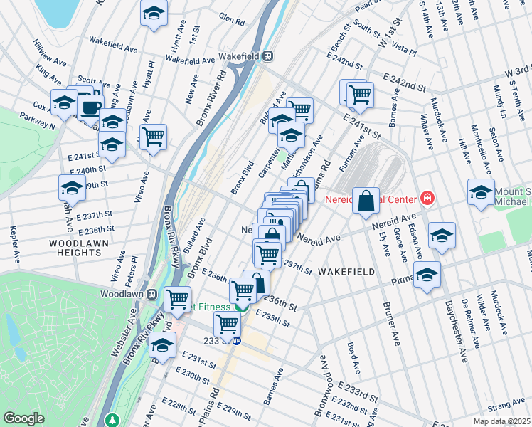 map of restaurants, bars, coffee shops, grocery stores, and more near 665 East 238th Street in Bronx