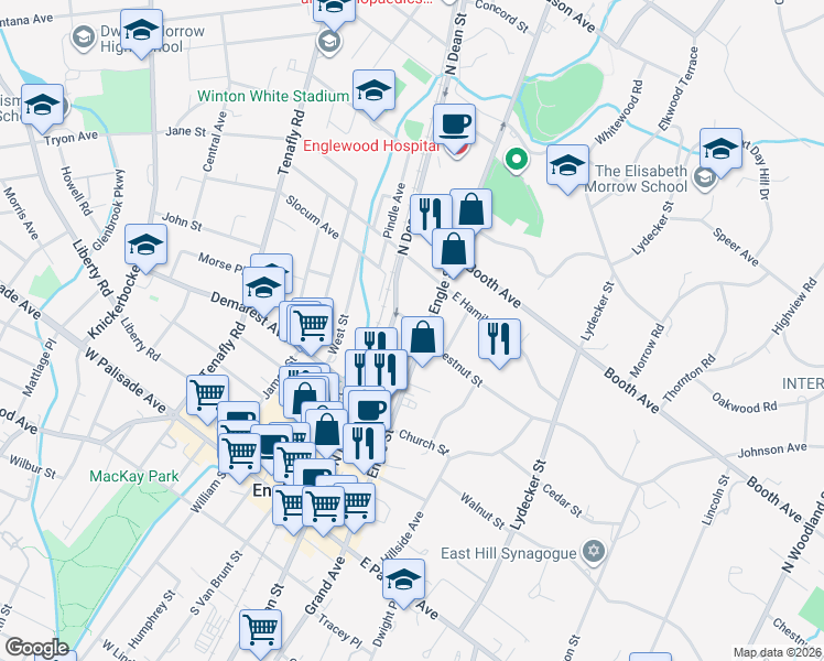map of restaurants, bars, coffee shops, grocery stores, and more near 169 North Dean Street in Englewood