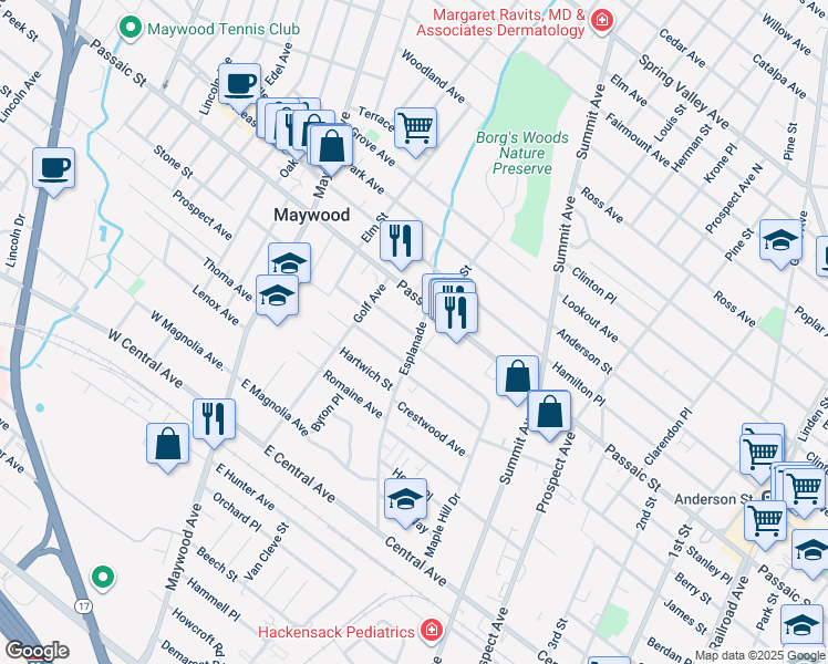map of restaurants, bars, coffee shops, grocery stores, and more near 415 Esplanade in Maywood