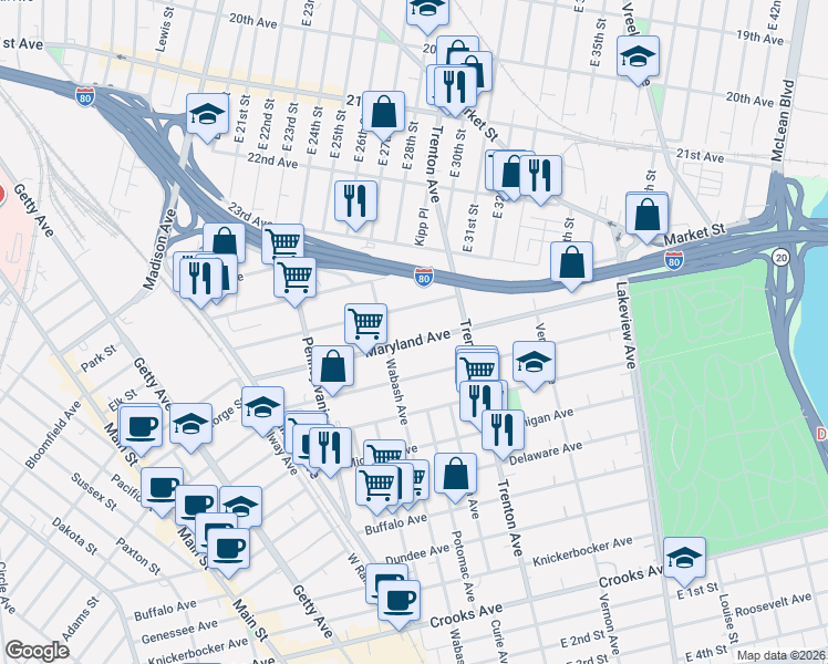 map of restaurants, bars, coffee shops, grocery stores, and more near 139 Maryland Avenue in Paterson