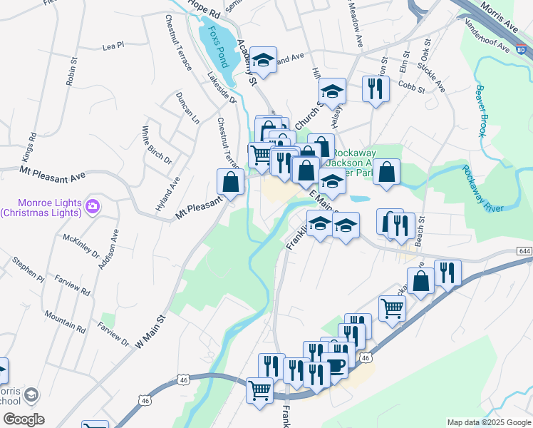 map of restaurants, bars, coffee shops, grocery stores, and more near 58 East New Street in Rockaway