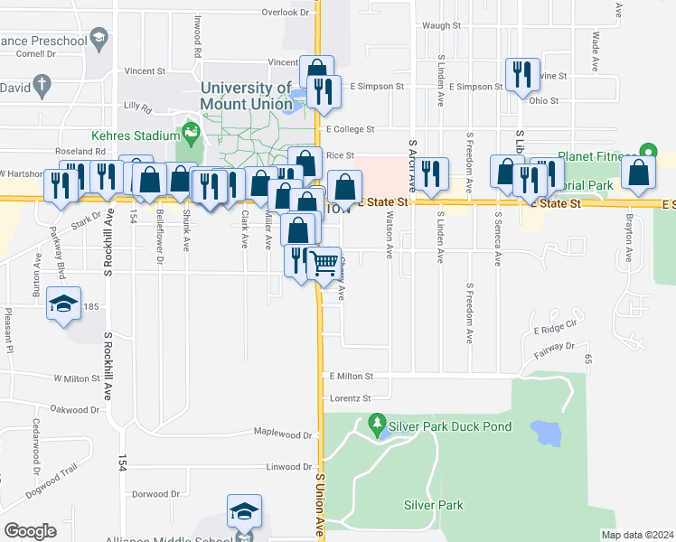 map of restaurants, bars, coffee shops, grocery stores, and more near 2245 Cherry Avenue in Alliance