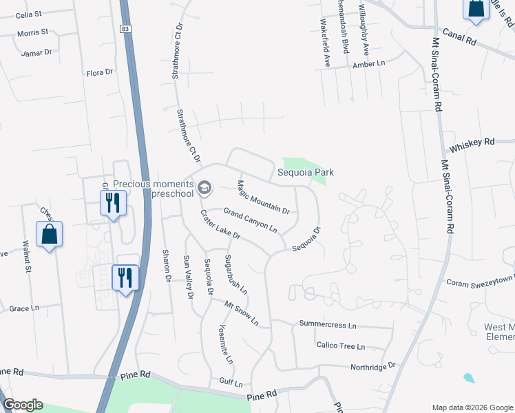 map of restaurants, bars, coffee shops, grocery stores, and more near 14 Magic Mountain Drive in Coram