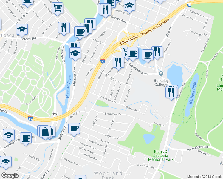 map of restaurants, bars, coffee shops, grocery stores, and more near 354 Bush Avenue in Woodland Park