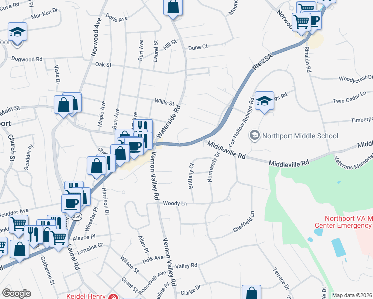map of restaurants, bars, coffee shops, grocery stores, and more near 10 Brittany Court in Northport