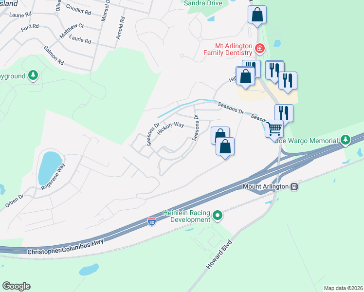 map of restaurants, bars, coffee shops, grocery stores, and more near 34 Maple Lane in Mount Arlington