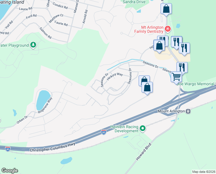 map of restaurants, bars, coffee shops, grocery stores, and more near 57 Maple Lane in Mount Arlington