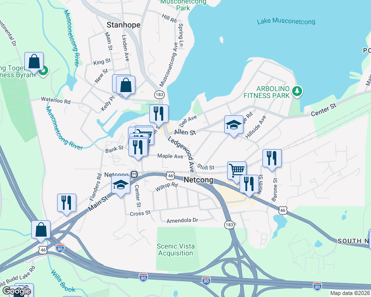 map of restaurants, bars, coffee shops, grocery stores, and more near 49 Maple Avenue in Netcong