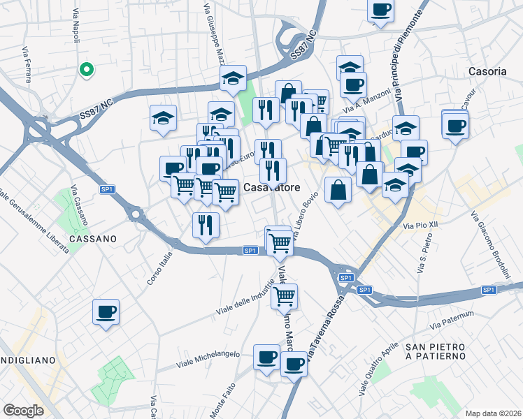 map of restaurants, bars, coffee shops, grocery stores, and more near 13 Via Antonio de Curtis in Casavatore