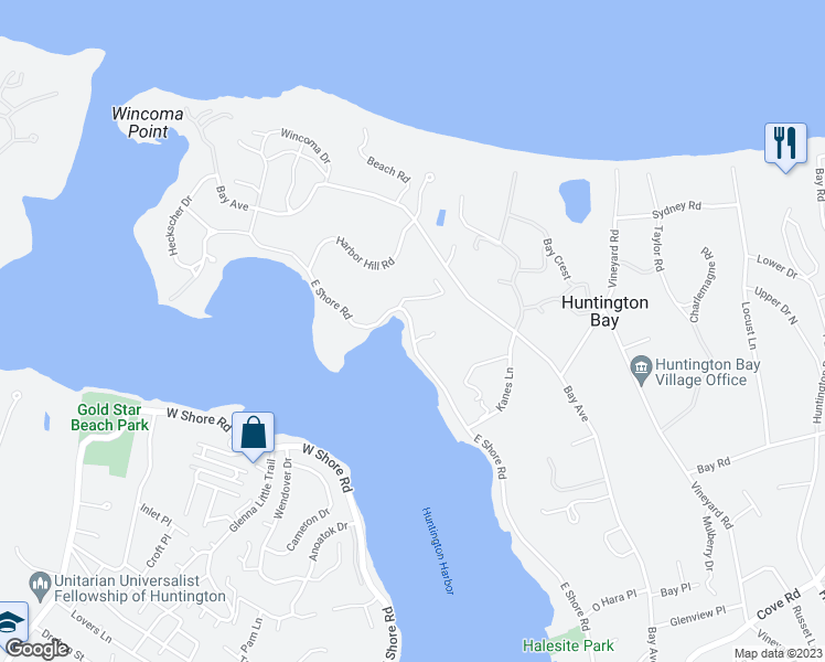map of restaurants, bars, coffee shops, grocery stores, and more near 163 East Shore Road in Huntington