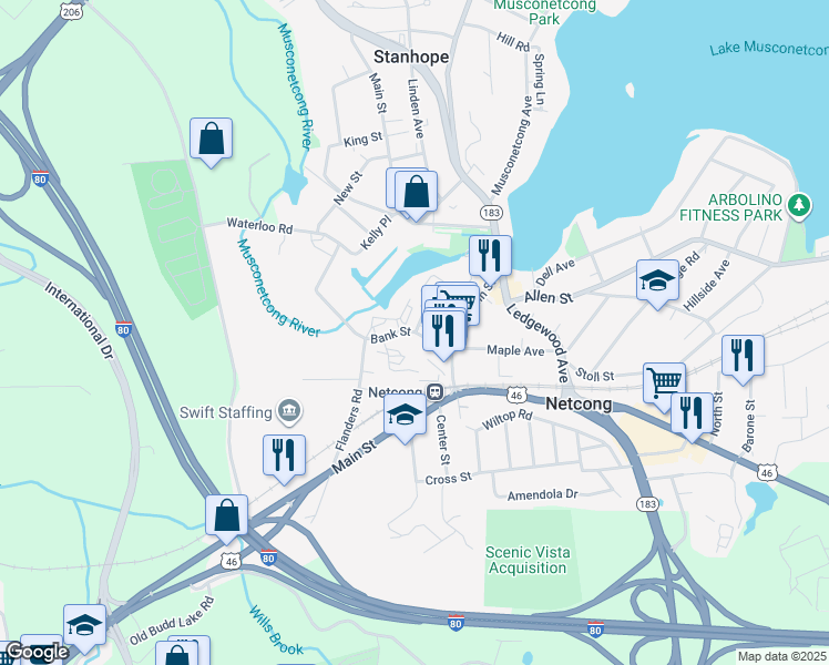map of restaurants, bars, coffee shops, grocery stores, and more near 39 Main Street in Netcong