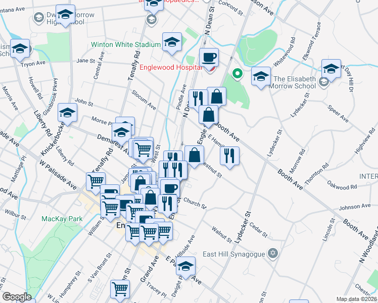 map of restaurants, bars, coffee shops, grocery stores, and more near 169 North Dean Street in Englewood
