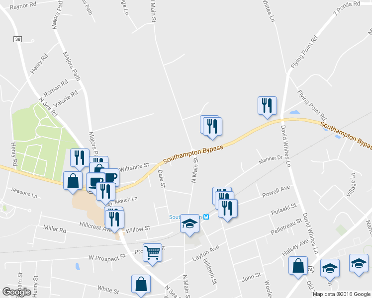 map of restaurants, bars, coffee shops, grocery stores, and more near 381 North Main Street in Southampton