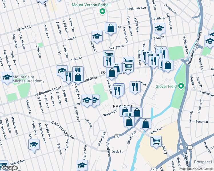 map of restaurants, bars, coffee shops, grocery stores, and more near 550 Franklin Avenue in Mount Vernon