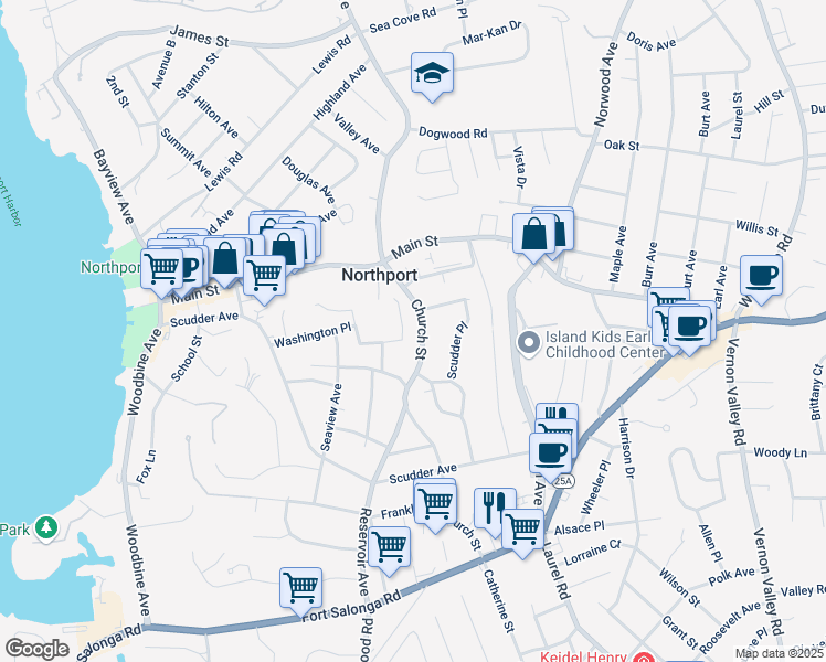 map of restaurants, bars, coffee shops, grocery stores, and more near 30 Grove Street in Northport