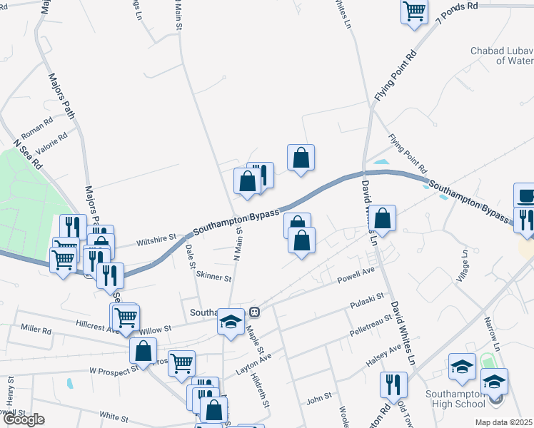 map of restaurants, bars, coffee shops, grocery stores, and more near 344 County Road 39 in Southampton