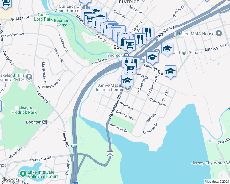 map of restaurants, bars, coffee shops, grocery stores, and more near 314 Lincoln Street in Boonton