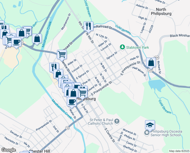 map of restaurants, bars, coffee shops, grocery stores, and more near 199 North 6th Street in Philipsburg
