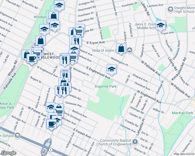 map of restaurants, bars, coffee shops, grocery stores, and more near 1432 Hubert Terrace in Teaneck