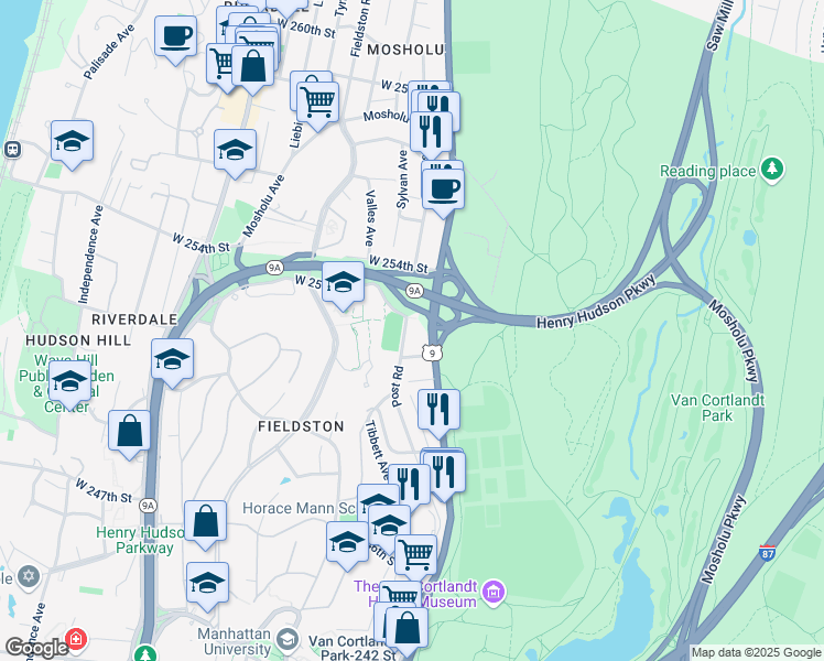 map of restaurants, bars, coffee shops, grocery stores, and more near 6295 U.S. 9 in Bronx